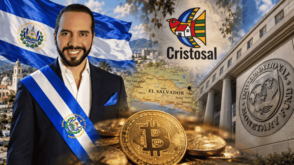 Composición horizontal que incluye: Nayib Bukele, bandera de El Salvador, monedas de bitcoin, logo de Cristosal, edificio del FMI.