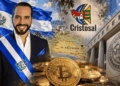 Composición horizontal que incluye: Nayib Bukele, bandera de El Salvador, monedas de bitcoin, logo de Cristosal, edificio del FMI.