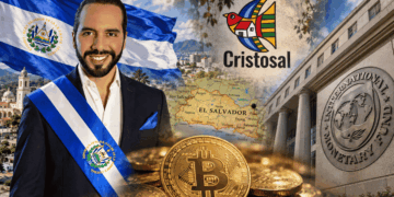 Composición horizontal que incluye: Nayib Bukele, bandera de El Salvador, monedas de bitcoin, logo de Cristosal, edificio del FMI.
