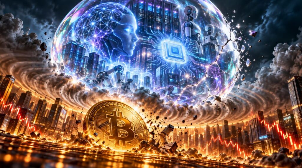 Una burbuja de IA que explota e impacta con una moneda física de bitcoin.