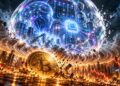 Una burbuja de IA que explota e impacta con una moneda física de bitcoin.