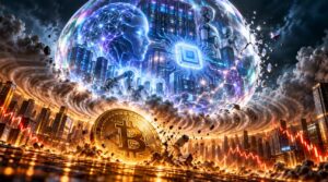Una burbuja de IA que explota e impacta con una moneda física de bitcoin.