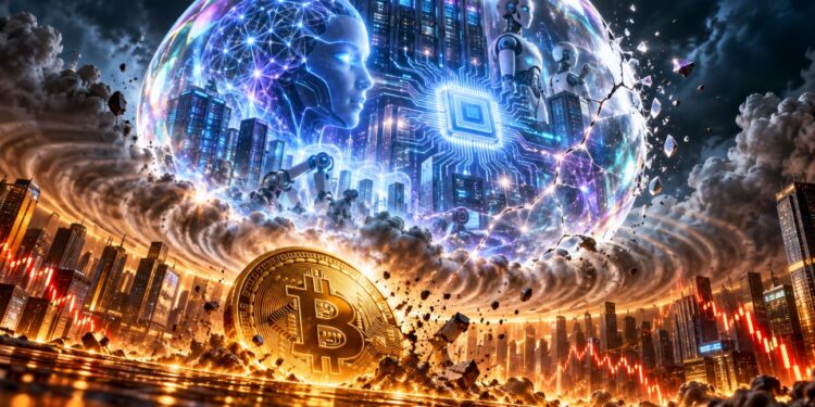 Una burbuja de IA que explota e impacta con una moneda física de bitcoin.