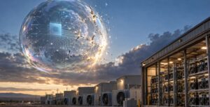 Una burbuja con un microchip sobre equipos de minería de Bitcoin.
