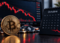 Moneda de bitcoin y otras monedas de criptomonedas y atras un calendario del mes de octubre y un gráfico de velas