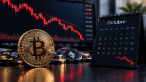 Moneda de bitcoin y otras monedas de criptomonedas y atras un calendario del mes de octubre y un gráfico de velas