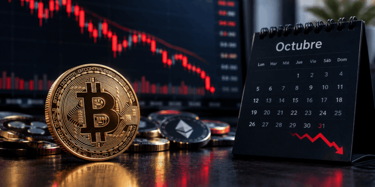 Moneda de bitcoin y otras monedas de criptomonedas y atras un calendario del mes de octubre y un gráfico de velas
