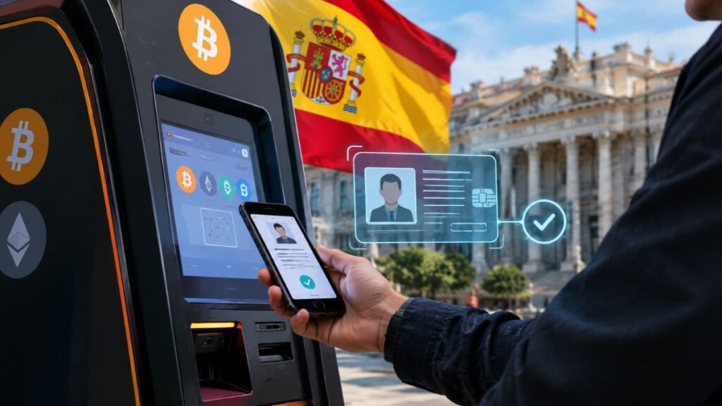 Cajero de criptomonedas y bitcoin con identificación de identidad digital en España.