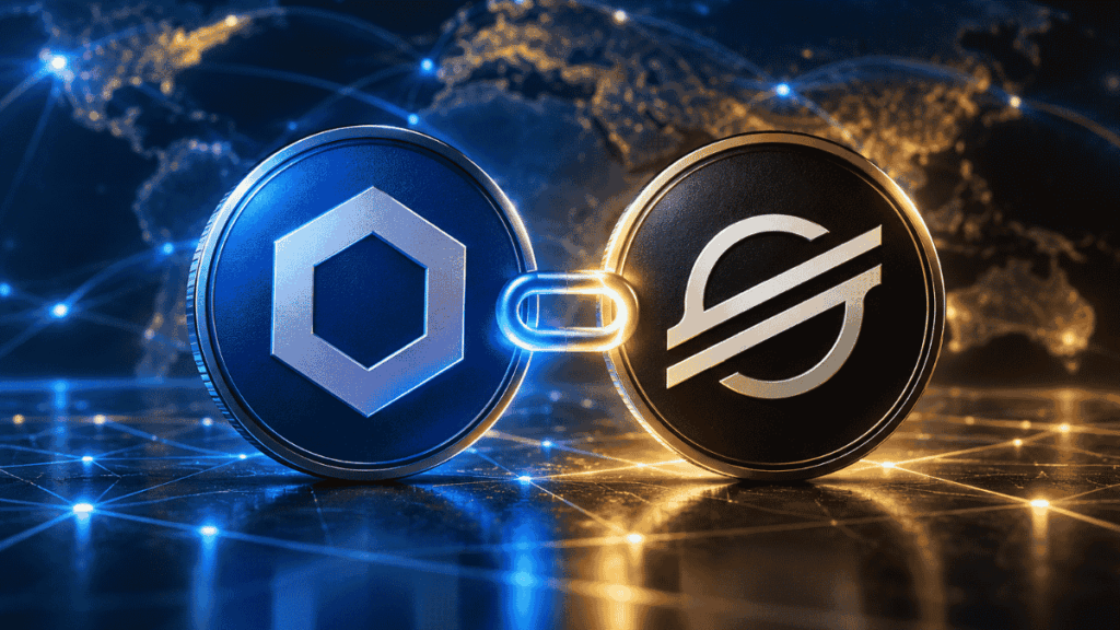 Monedas de Chainlink y Stellar, una al lado de la otra.