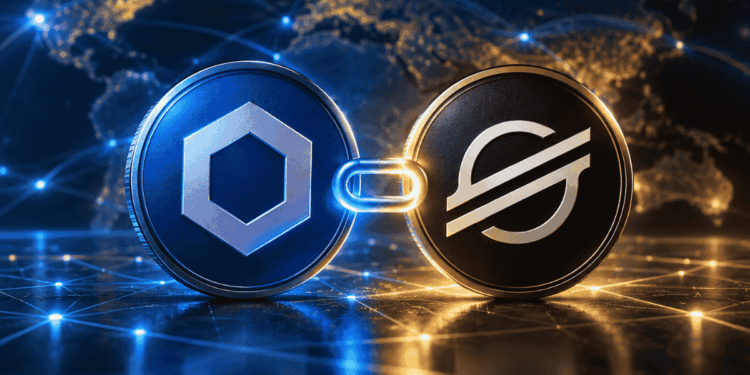 Monedas de Chainlink y Stellar, una al lado de la otra.