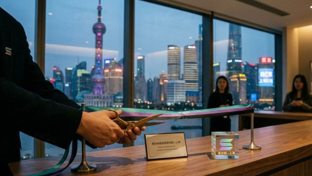 nauguración de oficina de Solana en Shanghái con corte de cinta y vista al skyline de la ciudad a través del ventanal.