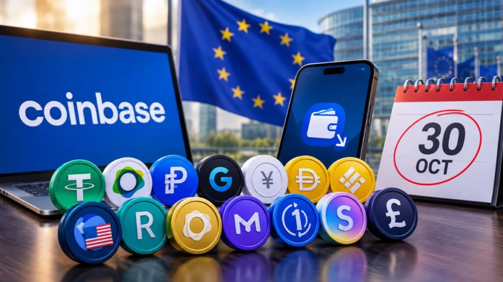 Portátil con el logo de Coinbase, teléfono móvil, calendario marcando el 30 de octubre, frente a la bandera de la Unión Europea.