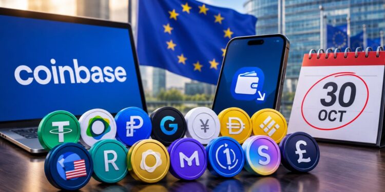 Portátil con el logo de Coinbase, teléfono móvil, calendario marcando el 30 de octubre, frente a la bandera de la Unión Europea.