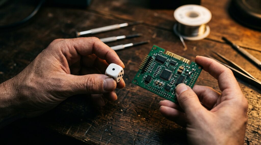 Close-up of two human hands in warm side light, one hand holding a single white precision die, the other holding a bare green circuit board with visible chips and solder points, dark wooden workbench, shallow depth of field
