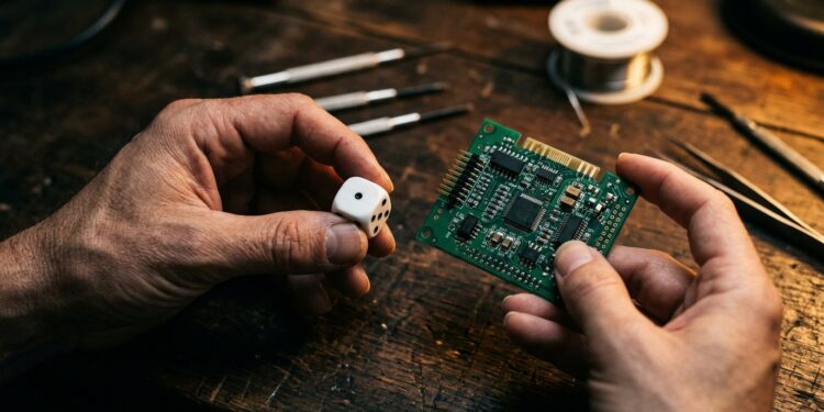 Close-up of two human hands in warm side light, one hand holding a single white precision die, the other holding a bare green circuit board with visible chips and solder points, dark wooden workbench, shallow depth of field