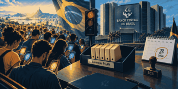 Ilustración editorial dividida. A la izquierda, multitud de brasileños con teléfonos y símbolos de criptomonedas. A la derecha, escritorio del Banco Central con bandeja casi vacía de licencias, calendario 30 de octubre de 2026 y semáforo en rojo.