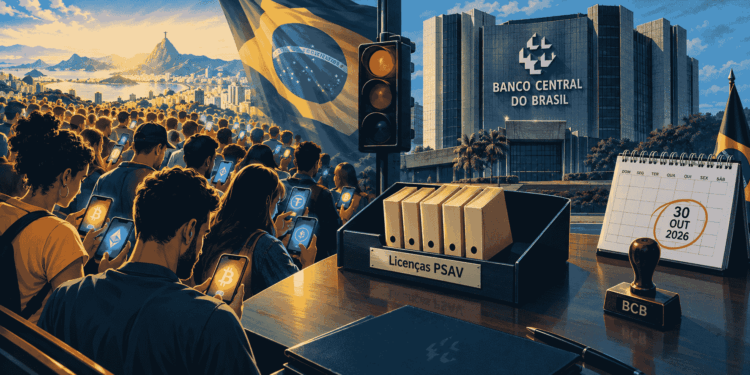 Ilustración editorial dividida. A la izquierda, multitud de brasileños con teléfonos y símbolos de criptomonedas. A la derecha, escritorio del Banco Central con bandeja casi vacía de licencias, calendario 30 de octubre de 2026 y semáforo en rojo.