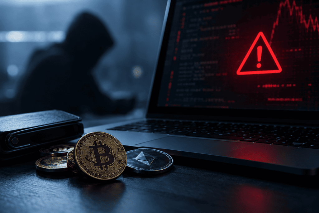 Hacker en una computadora con monedas de bitcoin y criptomonedas