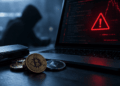 Hacker en una computadora con monedas de bitcoin y criptomonedas