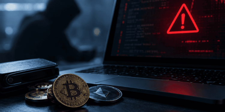 Hacker en una computadora con monedas de bitcoin y criptomonedas