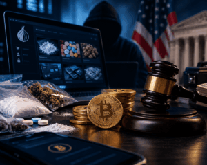 Un hacker en la dark web con imagenes de una moneda de BTC y otras criptomonedas