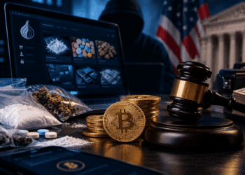 Un hacker en la dark web con imagenes de una moneda de BTC y otras criptomonedas