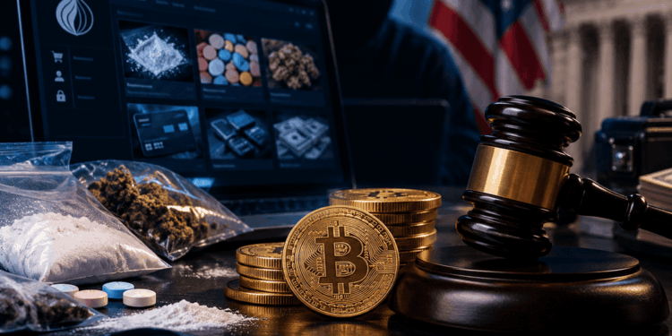 Un hacker en la dark web con imagenes de una moneda de BTC y otras criptomonedas