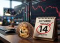 Moneda física de Dogecoin junto a un calendario marcando el miércoles 14 de octubre y un gráfico del ETF en pantalla.