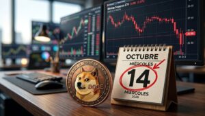 Moneda física de Dogecoin junto a un calendario marcando el miércoles 14 de octubre y un gráfico del ETF en pantalla.