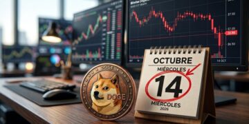 Moneda física de Dogecoin junto a un calendario marcando el miércoles 14 de octubre y un gráfico del ETF en pantalla.
