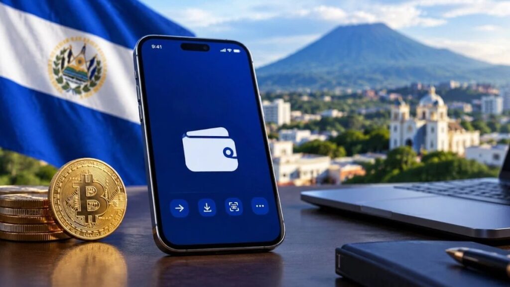 Wallet en teléfono móvil frente a la bandera de El Salvador y el volcán de San Salvador.