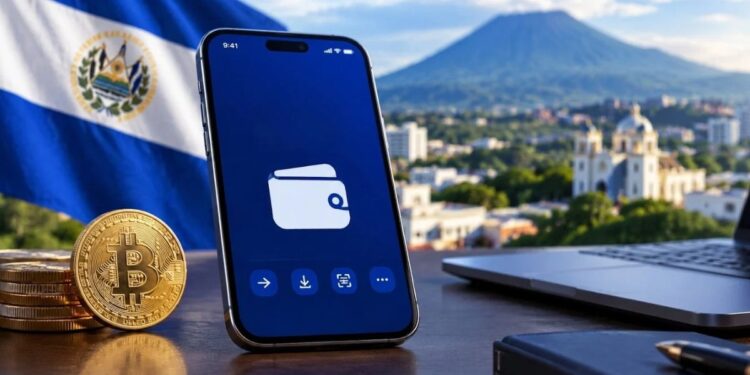 Wallet en teléfono móvil frente a la bandera de El Salvador y el volcán de San Salvador.