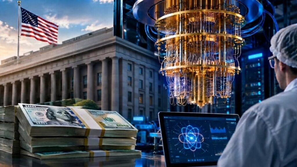 Laboratorio tecnológico con un computador cuántico, fajos de billetes de dólares y la bandera de Estados Unidos al fondo.