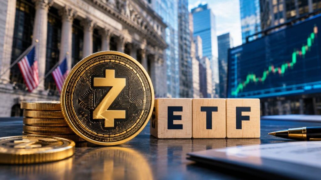 Moneda dorada de Zcash (ZEC) junto a bloques de madera que forman la palabra "ETF" frente a la Bolsa de Nueva York.