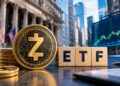Moneda dorada de Zcash (ZEC) junto a bloques de madera que forman la palabra "ETF" frente a la Bolsa de Nueva York.