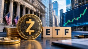 Moneda dorada de Zcash (ZEC) junto a bloques de madera que forman la palabra "ETF" frente a la Bolsa de Nueva York.