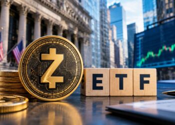 Moneda dorada de Zcash (ZEC) junto a bloques de madera que forman la palabra "ETF" frente a la Bolsa de Nueva York.