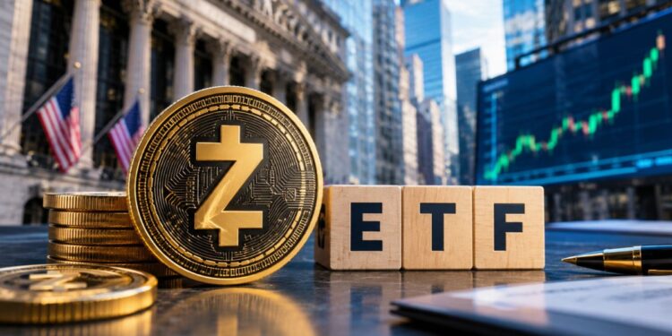 Moneda dorada de Zcash (ZEC) junto a bloques de madera que forman la palabra "ETF" frente a la Bolsa de Nueva York.