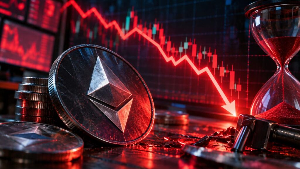 Moneda de Ethereum frente a un gráfico financiero con una flecha roja hacia abajo y un reloj de arena.