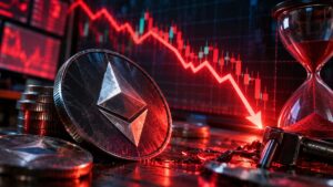 Moneda de Ethereum frente a un gráfico financiero con una flecha roja hacia abajo y un reloj de arena.