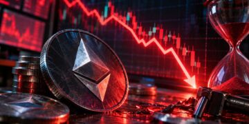 Moneda de Ethereum frente a un gráfico financiero con una flecha roja hacia abajo y un reloj de arena.