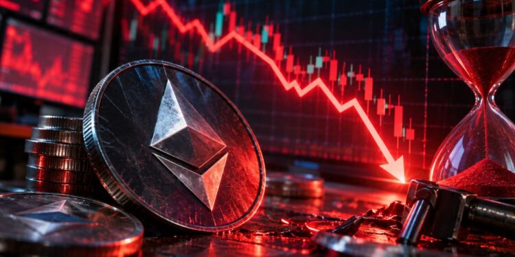 Moneda de Ethereum frente a un gráfico financiero con una flecha roja hacia abajo y un reloj de arena.