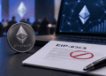 Moneda de Ethereum junto a un documento EIP-8363 marcado con una señal de rechazo.