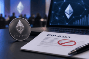 Moneda de Ethereum junto a un documento EIP-8363 marcado con una señal de rechazo.
