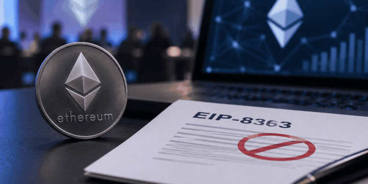 Moneda de Ethereum junto a un documento EIP-8363 marcado con una señal de rechazo.