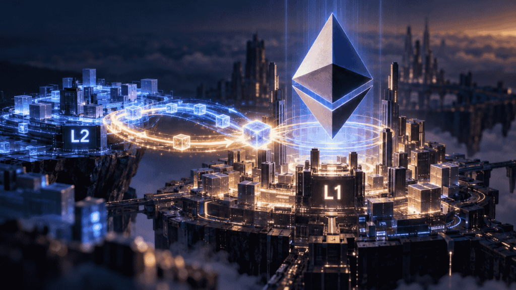 Imagen conceptual que simboliza el intercambio atómico entre L1 y L2 de Ethereum.
