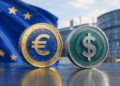 Moneda de euro, moneda de dólar, bandera de la UE.