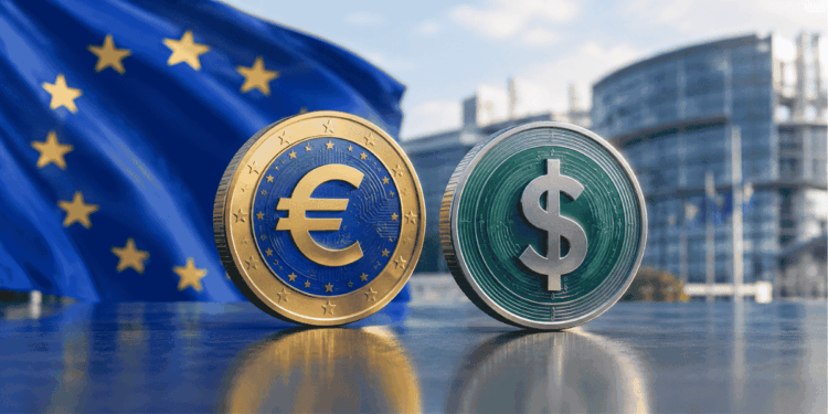 Moneda de euro, moneda de dólar, bandera de la UE.