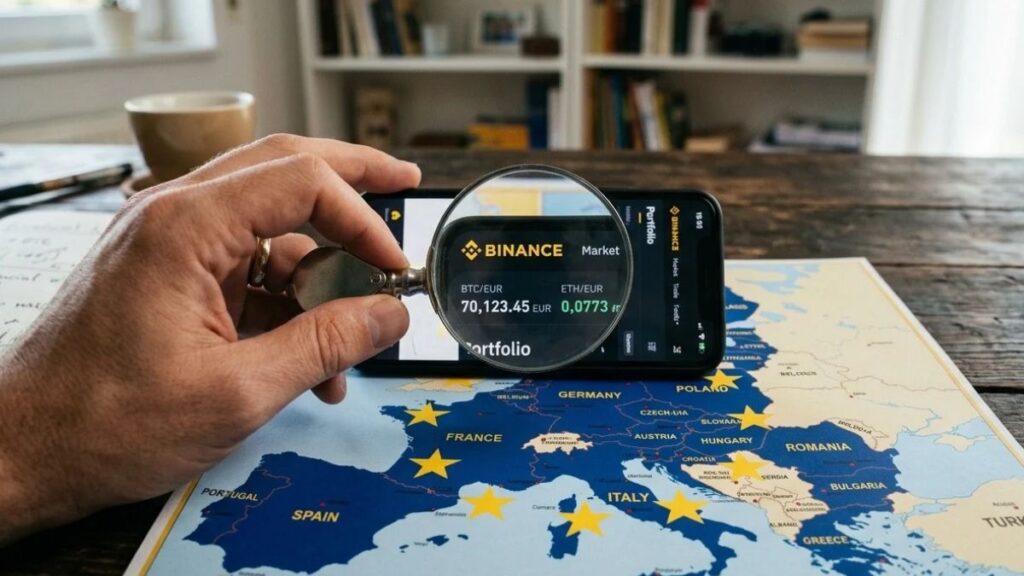 Un smartphone que muestra la app de Binance visto a través de una lupa, sostenido por una mano sobre un mapa de Europa con el diseño de la bandera de la Unión Europea.