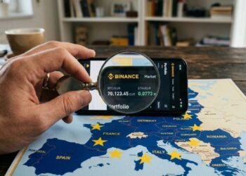 Un smartphone que muestra la app de Binance visto a través de una lupa, sostenido por una mano sobre un mapa de Europa con el diseño de la bandera de la Unión Europea.